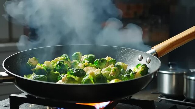 Fresh Brussels sprouts saut?ing in a skillet on the stove, steam rising in a cozy kitchen setting