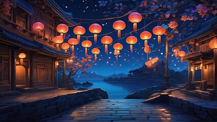 "Ramadan Kareem Night Sky with Crescent Moon, Mosque, and Lanterns Background"