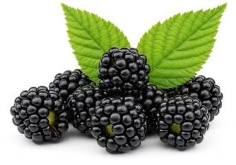 Fototapeta premium Pile of fresh blackberries with two leaves on a white background, close up