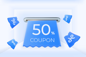 3D 50% discount blue coupon sales promotions, ecommerce banners, voucher ads, special offers, giveaway template. vector illustrator