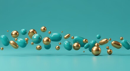 Teal & Gold 3D Abstract: Floating Sphere & Capsule Elegance AI Generated