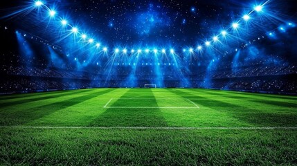 The vibrant green grass field enhances the stadium's beauty under a starry sky.