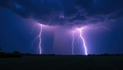 Dramatic lightning storm over dark landscape at night Intense bolts illuminate the sky , vibrant, electricity