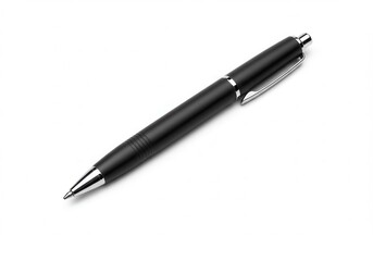 Close-up of a black pen with silver accents on a white background