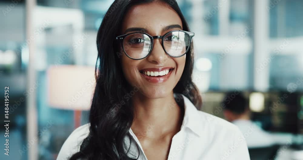 Aufkleber Web developer, confident and portrait of Indian woman in office for software system or website update. Night, happy designer or female backend engineer with smile for company development in workplace