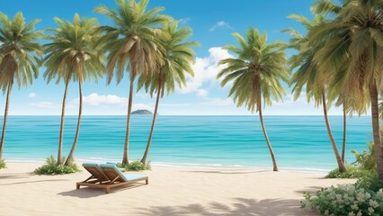 "Crystal Clear Tropical Beach with Palm Trees and Azure Ocean"