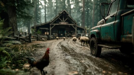 Rural scene with sheep and rooster