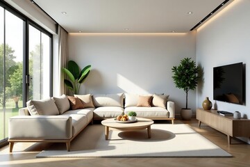 Modern living room interior design, showcasing stylish furniture and decor Neutral color palette, natural light , interior design, living room