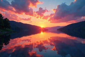 Tranquil lake reflecting a vibrant sunset sky , cloud reflection, peaceful, evening sky