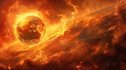 Obraz premium A dramatic view of planet Earth surrounded by fiery background 