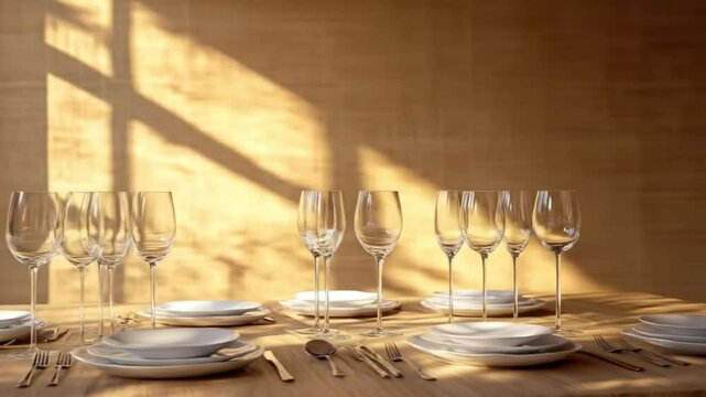 Sunlit elegant dinnerware setting on table