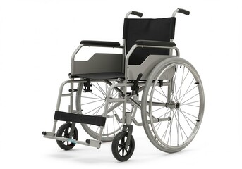 Fototapeta premium Isolated wheelchair with metal frame and black fabric seat on white background