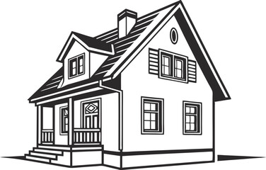 Black and White Vector Illustration of a Classic Residential House