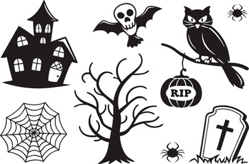 Spooky Halloween Vector Icons with Haunted House, Owl, Spider, and More