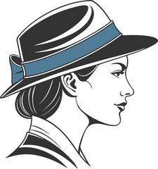 Vintage Woman Profile Wearing Hat Vector Illustration