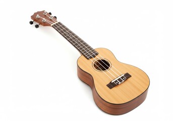 Fototapeta premium A light brown ukulele with four strings lying on a bright background plane