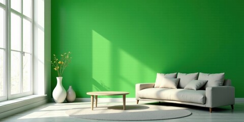Modern Living Room Interior Design with Bright Green Wall and Sunlight Accentuating a Cozy Beige Sofa