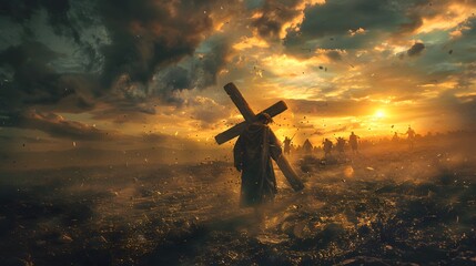 A powerful portrayal of Jesus carrying the wooden cross 