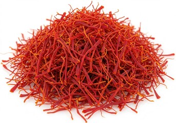 Naklejka premium Pile of vibrant red saffron threads, a culinary spice, on a white background