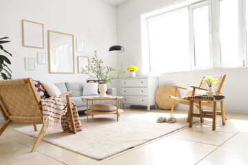 Interior of light living room with grey sofa, daffodils and blossoming branches in vases