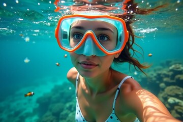 Naklejka premium A Woman Wearing Diving Mask is Snorkeling.