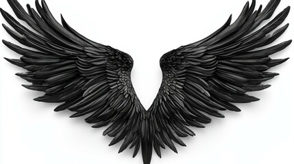 Obraz premium Elegant Black Feathered Wings Sculpture with Detailed Glossy Feathers Versus White Background, Symmetrical Digital Rendering of Majestic Angel or Bird Wings for Artistic, Religious,