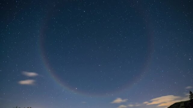 Night Sky Showcases Lunar Rainbow Amidst Celestial Stars And Flowing Clouds