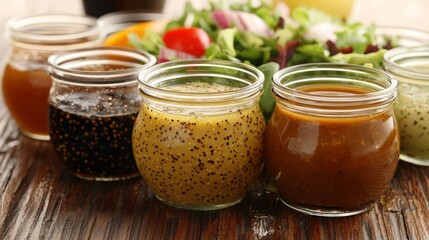 Vibrant Close-Up of Glass Jars with Assorted Salad Dressings Featuring Thick Seeds Mustard and Creamy Red Varieties on Rustic Wooden Surface with Fresh Green Salad and Red Tomato