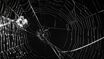 Naklejka premium Detailed Closeup Spider Web In Night