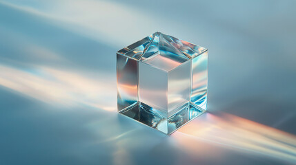Transparent Glass Cube on Neutral Background with Colorful Lighting
