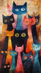 Obraz premium A whimsical illustration of cats with exaggerated features, unique eye colors, and playful expressions, depicted in a loose watercolor style with a colorful palette.