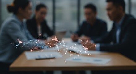 Business meeting representing connectivity and collaboration with network visualization