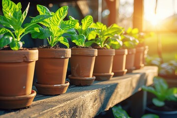 Young green plants in terracotta pots are lined up on a wooden shelf, illuminated by warm sunlight in a greenhouse or garden setting.