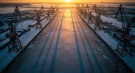 Frozen port vista at sunrise, an industrial winter landscape scene