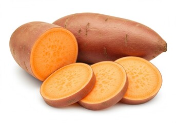 Sweet potatoes with slices on a white surface for cooking preparation