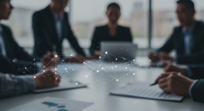 Business meeting representing connectivity and collaboration with network overlay on table