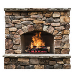 Stone fireplace with roaring fire