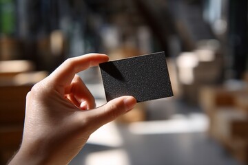 A hand holds a dark gray square piece of material.  Blurred industrial background