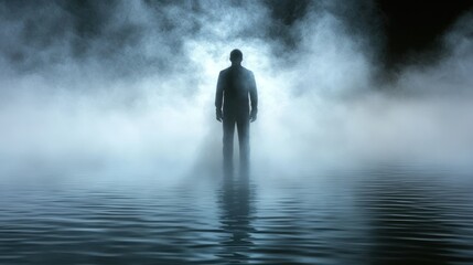 Fototapeta premium Silhouetted figure emerges from mist above dark water