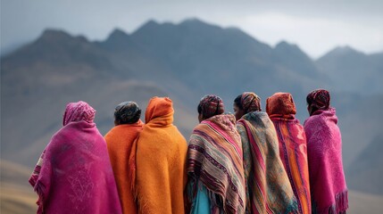 Andean women standing against the backdrop of majestic mountains, embracing their cultural heritage