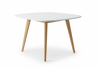 Fototapeta premium Modern square table with white top and wooden legs on white background