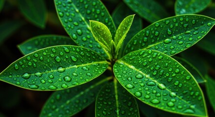 Green leaves with water droplets representing freshness and nature, close up view