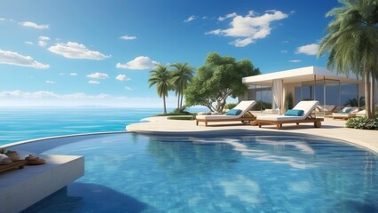 Obraz premium Luxury Tropical Beach Paradise with Palm Trees and Oceanfront Pool View