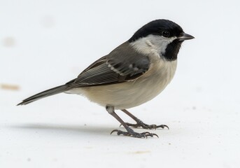 Carolina chickadee perched on a white surface, looking right in natural light
