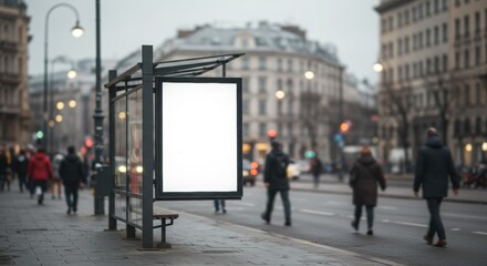 Blank advertisement billboard at bus stop in city mockup 