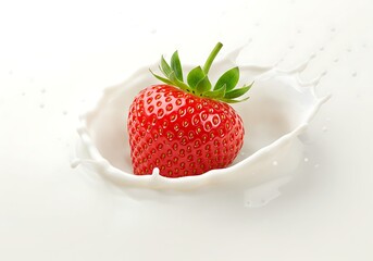 A strawberry falling into a splash of white liquid