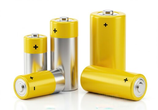 Assortment of alkaline batteries in various sizes with yellow tops on white background