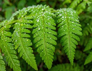 Closeup View Of Green Fern Leaves With Water Droplets