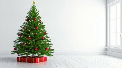 3D Render of a Cozy White Room Adorned with a Festive Christmas Tree