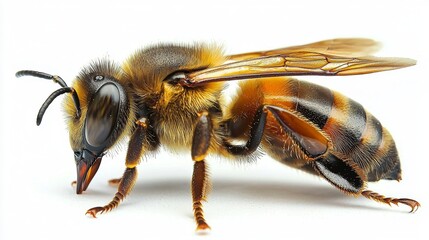 Intricate details of a queen bee highlighted by a white surface.